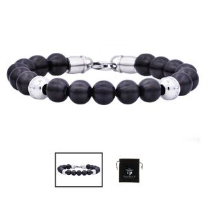 Men’s Black Stainless Steel Beaded Bracelet With Cubic Zirconia BLACKJACK
